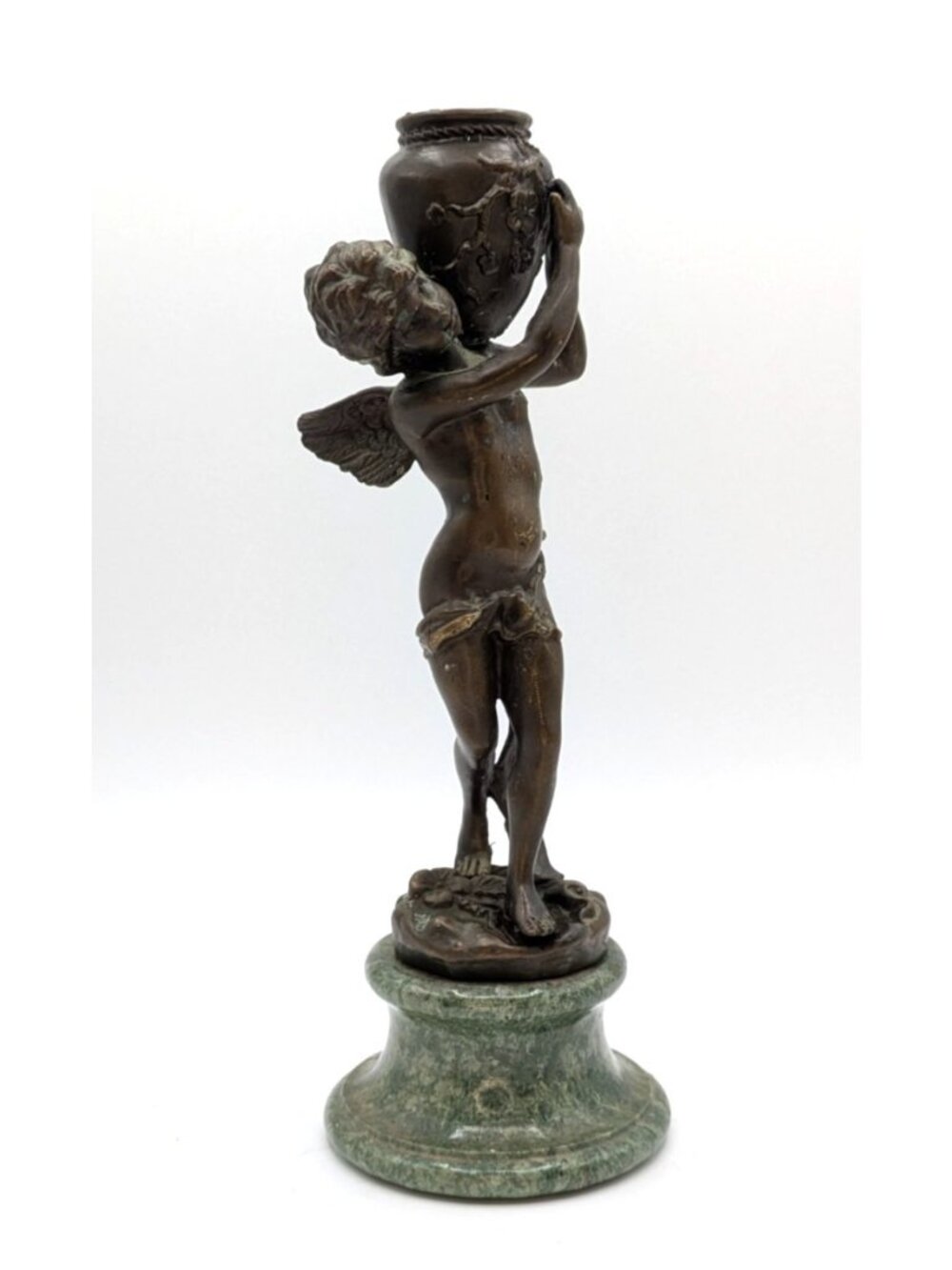 A Moreau Bronze Statue Sculpture Cherub Angel Holding Jug Green Marble Base 10.5
